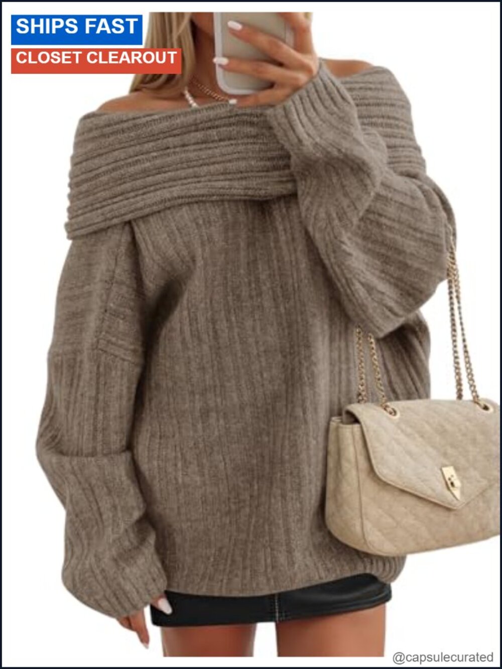 Oversized Off The Shoulder Pullover Sweater Ribbed Knit Long Sleeve